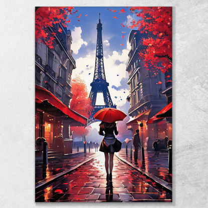 Quadro Moderno Città Astratto Donna Con Ombrello Rosso Passeggia A Parigi Con Vista Sulla Torre Eiffel quadro stampato su tela