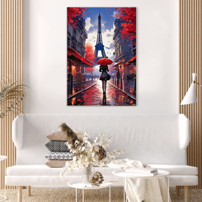 Pintura Moderna Ciudad Abstracta Mujer Con Paraguas Rojo Caminando En París Con Vistas A La Torre Eiffel  cuadro en lienzo