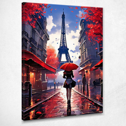 Quadro Moderno Città Astratto Donna Con Ombrello Rosso Passeggia A Parigi Con Vista Sulla Torre Eiffel quadro stampato su tela