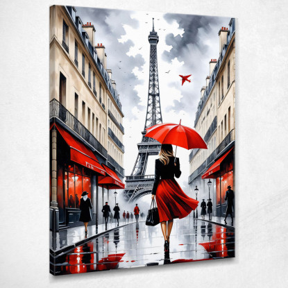 Peinture Moderne Ville Abstraite Femme Élégante Avec Parapluie Rouge Marchant À Paris Avec La Tour Eiffel  tableau impression su