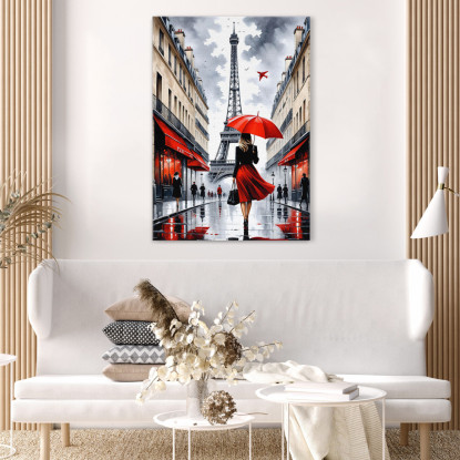 Pintura Moderna Ciudad Abstracta Mujer Elegante Con Paraguas Rojo Caminando En París Con La Torre Eiffel cuadro en lienzo