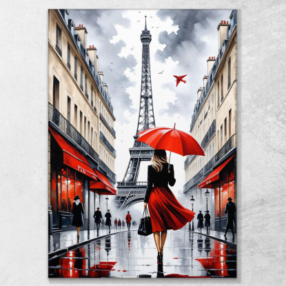 Pintura Moderna Ciudad Abstracta Mujer Elegante Con Paraguas Rojo Caminando En París Con La Torre Eiffel cuadro en lienzo