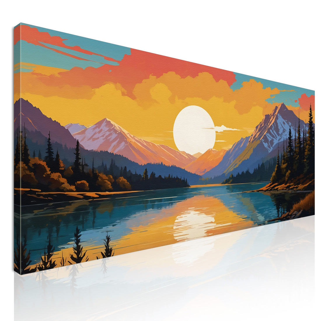 Boho-Chic-Gemälde, Landschaftsillustration. Schneebedeckter Berg Bei Sonnenuntergang, Der Sich Im See Mit Bäumen Spiegelt druck