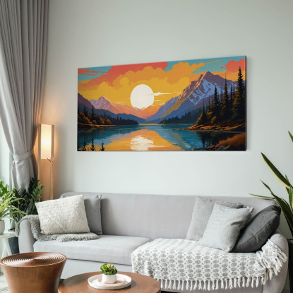 Illustration De Paysage De Peinture Boho Chic Montagne Enneigée Au Coucher Du Soleil Se Reflétant Dans Le Lac Avec Des Arbres t