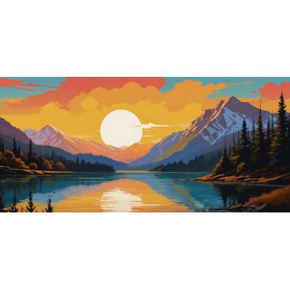Illustration De Paysage De Peinture Boho Chic Montagne Enneigée Au Coucher Du Soleil Se Reflétant Dans Le Lac Avec Des Arbres t