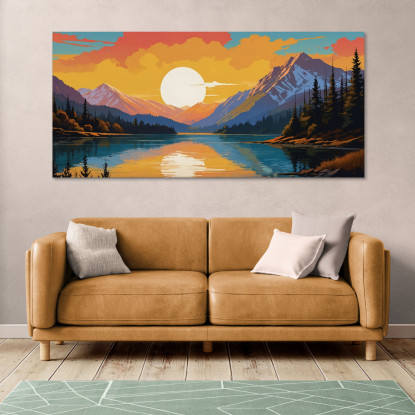 Boho-Chic-Gemälde, Landschaftsillustration. Schneebedeckter Berg Bei Sonnenuntergang, Der Sich Im See Mit Bäumen Spiegelt druck