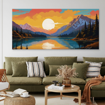 Illustration De Paysage De Peinture Boho Chic Montagne Enneigée Au Coucher Du Soleil Se Reflétant Dans Le Lac Avec Des Arbres t