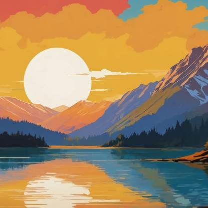 Illustration De Paysage De Peinture Boho Chic Montagne Enneigée Au Coucher Du Soleil Se Reflétant Dans Le Lac Avec Des Arbres t