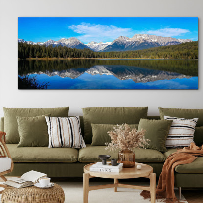 Painting Mountains Ruhiger Bergsee Mit Perfekter Spiegelung Schneebedeckter Gipfel Und Kiefernwälder drucken auf leinwand