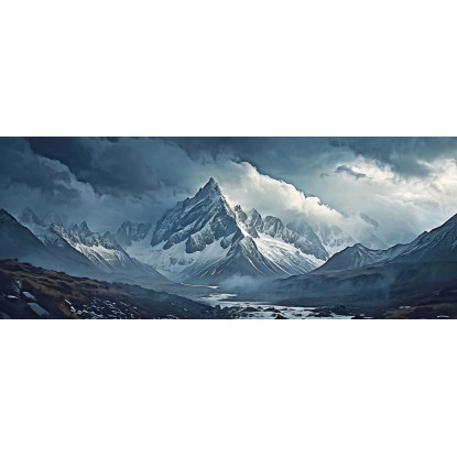 Leinwanddruck Berge Schneebedeckte Berge, Die Den Nebel Durchdringen, Mit Schroffen Gipfeln Und Felsigen Strukturen Unter Einem