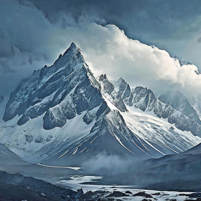 Leinwanddruck Berge Schneebedeckte Berge, Die Den Nebel Durchdringen, Mit Schroffen Gipfeln Und Felsigen Strukturen Unter Einem