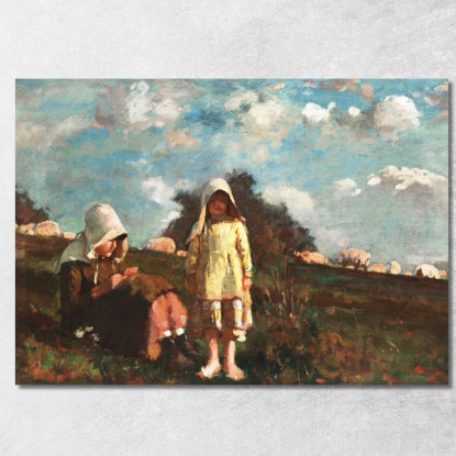 Due Ragazze Con Cappelli Da Sole In Un Campo Winslow Homer quadro stampato su tela