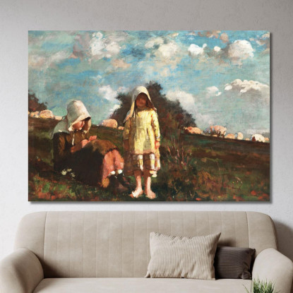 Due Ragazze Con Cappelli Da Sole In Un Campo Winslow Homer quadro stampato su tela