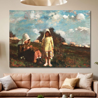 Due Ragazze Con Cappelli Da Sole In Un Campo Winslow Homer quadro stampato su tela