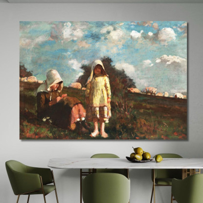 Due Ragazze Con Cappelli Da Sole In Un Campo Winslow Homer quadro stampato su tela