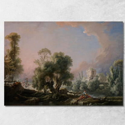 Paesaggio Idilliaco Con Donna Che Pesca François Boucher fbc35 quadro stampato su tela