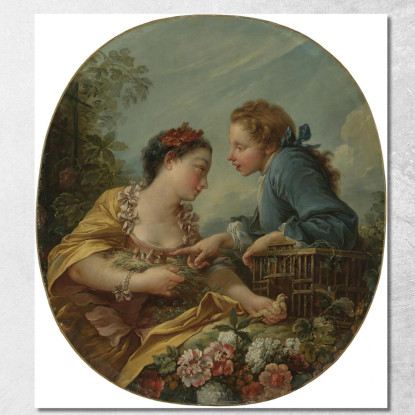 Una Giovane Donna E Una Gioventù Che Mettono Gli Uccelli Giovani In Una Gabbia Gli Uccelli Nidificano François Boucher quadro st