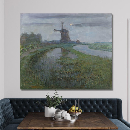Mulino Oostzijdse Lungo Il Fiume Gein Al Chiaro Di Luna 2 Piet Mondrian pmn54 quadro stampato su tela
