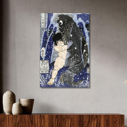Kintaro Lotta Con La Carpa Utagawa Kuniyoshi ukn18 quadro stampato su tela