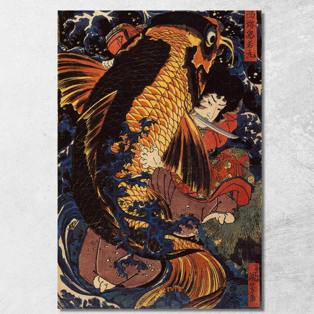 Saito Oniwakamaru Il Giovane Benkei Combatte La Carpa Gigante Alla Cascata Di Bishimon Utagawa Kuniyoshi ukn36 quadro stampato