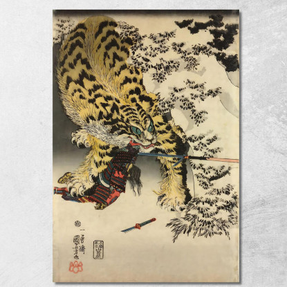 Stampa Trittico Xilografica Oban Tate-E. Koxinga Attacca Un'Enorme Tigre Utagawa Kuniyoshi ukn45 quadro stampato su tela