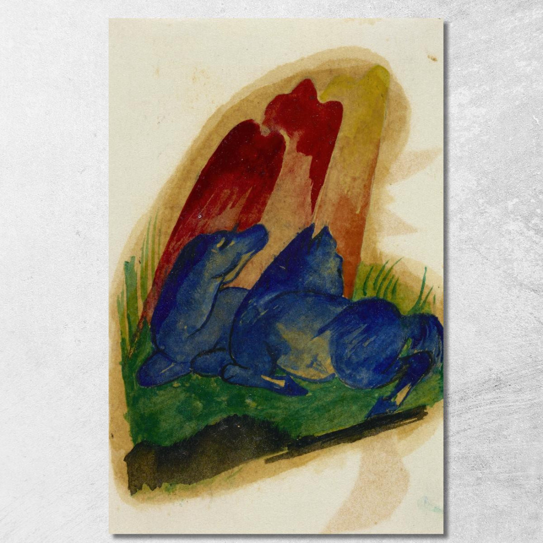 Due Cavalli Blu Davanti Ad Una Roccia Rossa Franz Marc fmr59 quadro stampato su tela