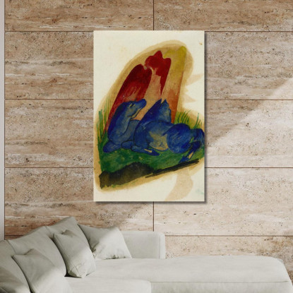 Due Cavalli Blu Davanti Ad Una Roccia Rossa Franz Marc fmr59 quadro stampato su tela