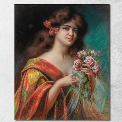 Ritratto Di Una Signora In Vestaglia Che Tiene In Mano Delle Rose Delphin Enjolras dej30 quadro stampato su tela