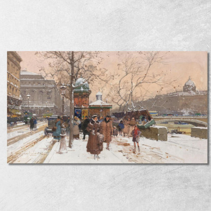 Quai De La Mégisserie Sotto La Neve Eugène Galien-Laloue egl63 quadro stampato su tela