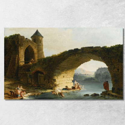 Un Paesaggio Fluviale Di Capriccio Con Lavandaie Vicino A Un Ponte In Rovina Hubert Robert hrb3 quadro stampato su tela