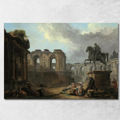 Capriccio Romano Con Lavandaie Presso La Statua Di Marco Aurelio Hubert Robert hrb13 quadro stampato su tela