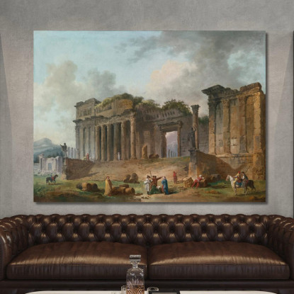 Un Capriccio Architettonico Con Un Artista Che Disegna In Primo Piano Hubert Robert hrb18 quadro stampato su tela