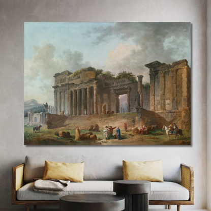 Un Capriccio Architettonico Con Un Artista Che Disegna In Primo Piano Hubert Robert hrb18 quadro stampato su tela