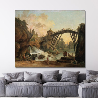 Disegnatore Che Disegna Il Ponte Di Legno Nel Parco Di Méréville Hubert Robert hrb32 quadro stampato su tela