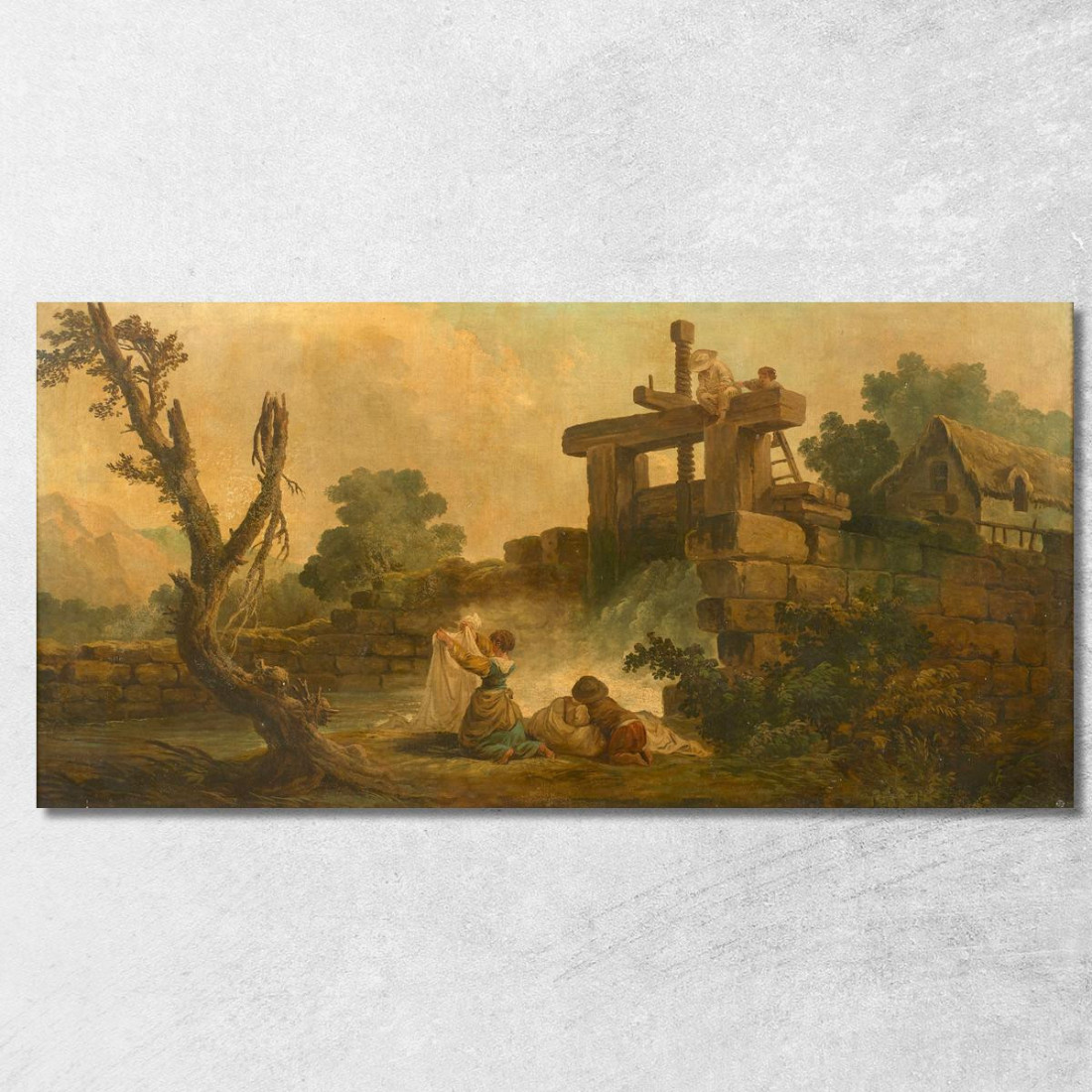 Famiglia Vicino Ad Un Ponte E Lavandaia Al Lavatoio Hubert Robert hrb34 quadro stampato su tela