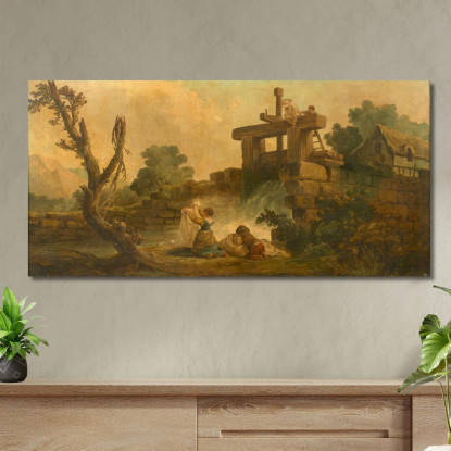 Famiglia Vicino Ad Un Ponte E Lavandaia Al Lavatoio Hubert Robert hrb34 quadro stampato su tela