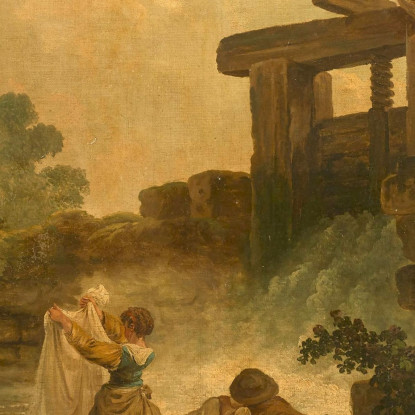 Famiglia Vicino Ad Un Ponte E Lavandaia Al Lavatoio Hubert Robert hrb34 quadro stampato su tela