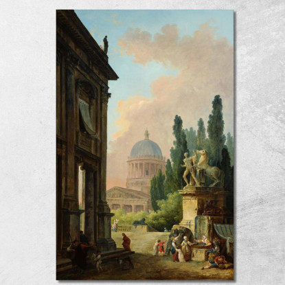 Veduta Immaginaria Di Roma Con Il Domatore Di Cavalli Del Monte Cavallo E Una Chiesa Hubert Robert hrb44 quadro stampato su tel