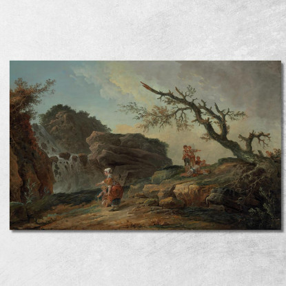 La Cascade Una Collina Rocciosa Con Una Contadina E Un Bambino Hubert Robert hrb48 quadro stampato su tela