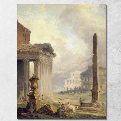 Rovine Romane Del Foro Con Il Colosseo E L'Obelisco Hubert Robert hrb84 quadro stampato su tela