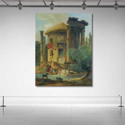 Lavandaie In Riva A Un Fiume Sotto Un Tempio Circolare In Rovina Hubert Robert hrb129 quadro stampato su tela