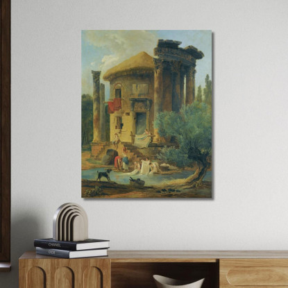 Lavandaie In Riva A Un Fiume Sotto Un Tempio Circolare In Rovina Hubert Robert hrb129 quadro stampato su tela