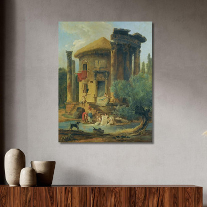 Lavandaie In Riva A Un Fiume Sotto Un Tempio Circolare In Rovina Hubert Robert hrb129 quadro stampato su tela