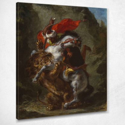 Cavaliere Arabo Attaccato Da Un Leone Eugène Delacroix edx10 quadro stampato su tela