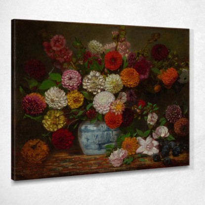 Natura Morta Con Dalie Zinnie Malvarose E Prugne Eugène Delacroix edx112 quadro stampato su tela