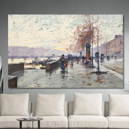 Figure Al Quai De Louvre Parigi Eugène Galien-Laloue egl9 quadro stampato su tela