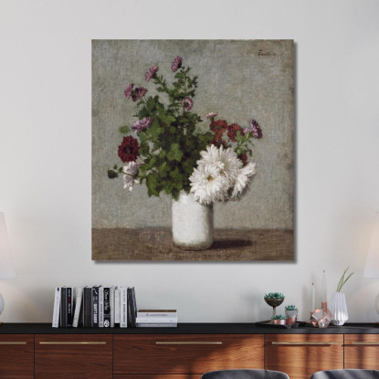 Natura Morta Di Fiori Crisantemi Autunnali In Un Vaso Bianco Henri Fantin-Latour hft28 quadro stampato su tela