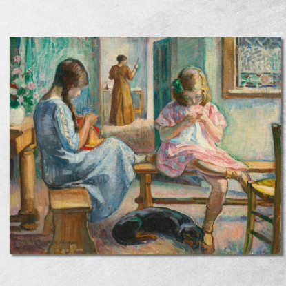 Marthe E Nono Cuciono In Un Interno Henri Lebasque hlb44 quadro stampato su tela