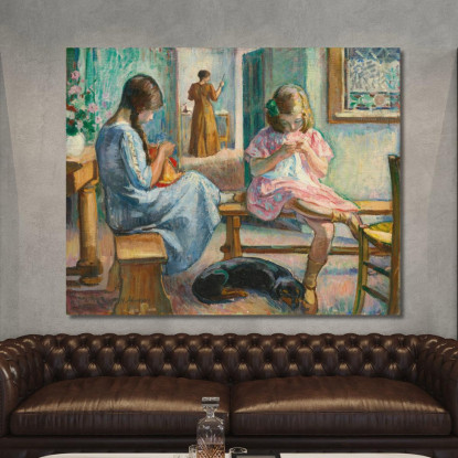 Marthe E Nono Cuciono In Un Interno Henri Lebasque hlb44 quadro stampato su tela