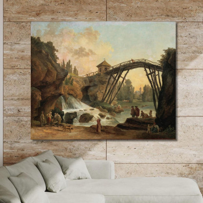 Disegnatore Che Disegna Il Ponte Di Legno Nel Parco Di Méréville Hubert Robert hrb32 quadro stampato su tela